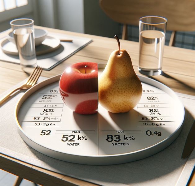 A visual feast contrasting the nutritional profiles of apples and pears, set on a table bathed in natural light.